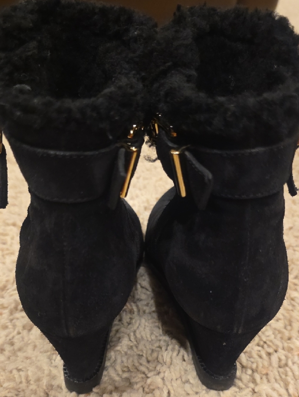 FENDI Women’s Black Suede Buckle Shearling Wedge Ankle Boots Sz 36.5 - Picture 6 of 8